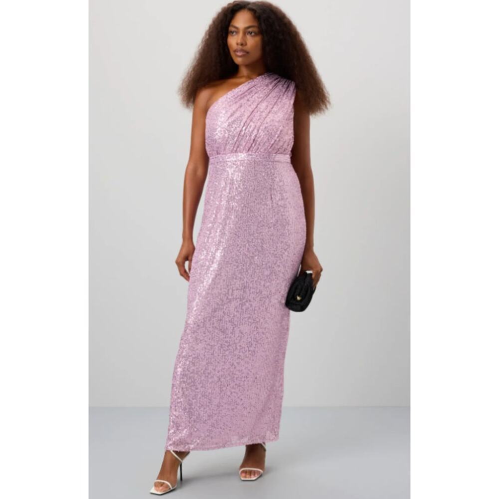 Ieena for Mac Duggal Sequined Ruched One Shoulder Gown in Purple